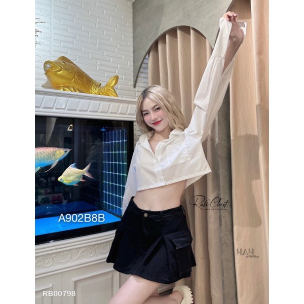 Áo Sơ Mi Nữ Dáng Croptop Tay Dài Form Rộng Phong Cách Hàn Quốc