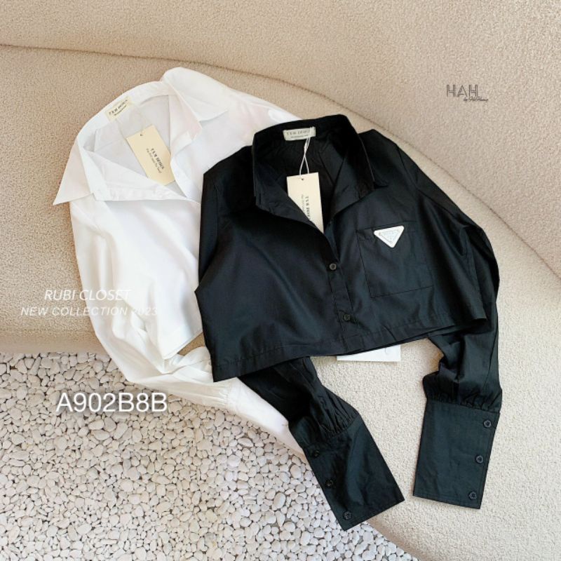 Áo Sơ Mi Nữ Dáng Croptop Tay Dài Form Rộng Phong Cách Hàn Quốc