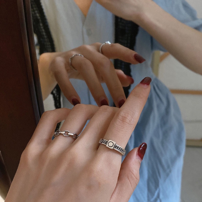 Nhẫn Hở Mạ Bạc 925 Phối Dây Xích Thời Trang Đơn Giản Cá Tính Cho Nữ