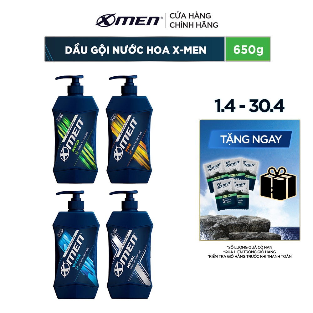 Dầu gội nước hoa Xmen 650g - 4 mùi hương nam tính, 2x sạch sâu và lưu hương 12h