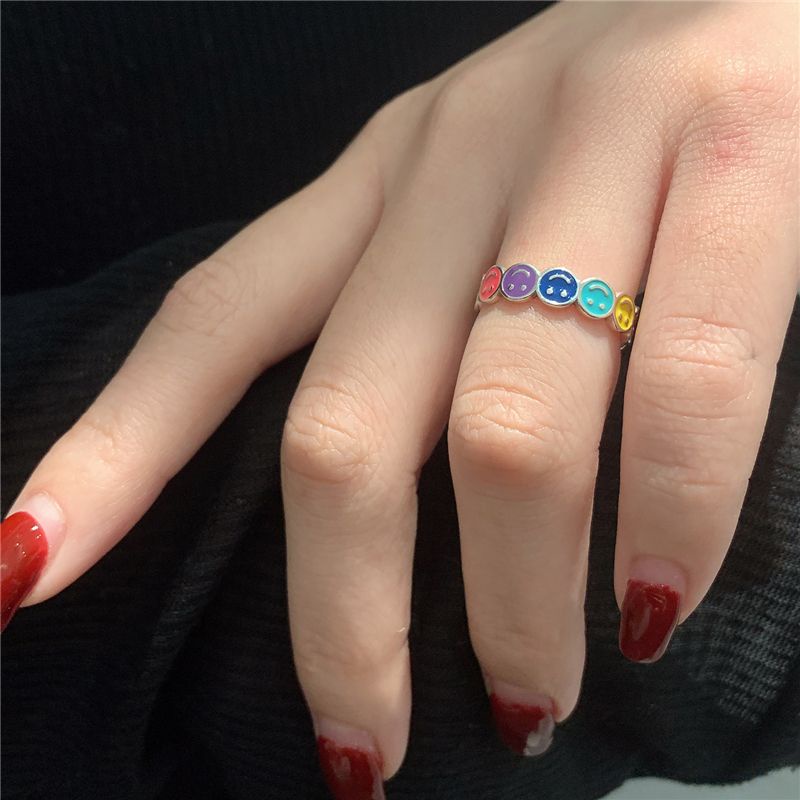 Nhẫn Hở Mạ Bạc 925 Hình Mặt Cười Màu Cầu Vồng Thời Trang Cao Cấp