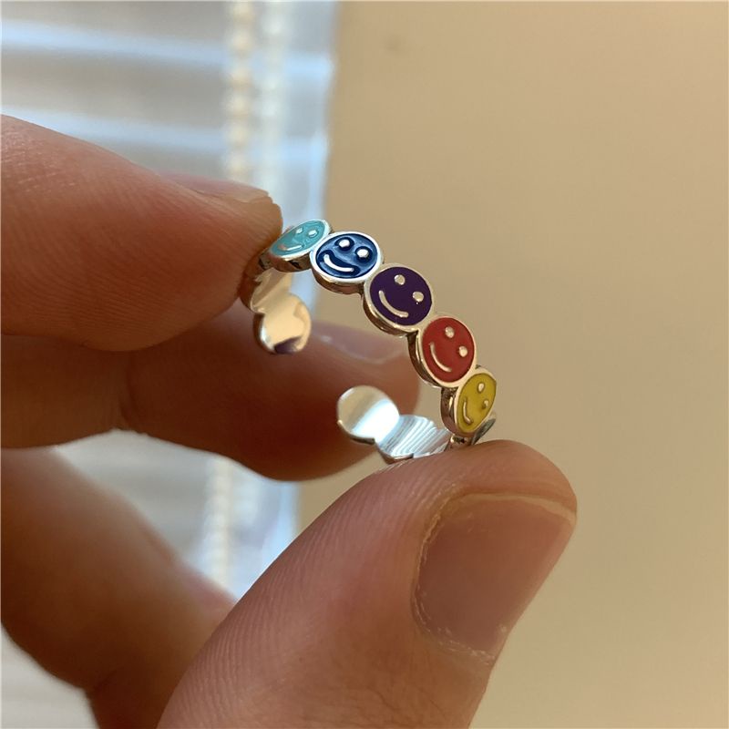 Nhẫn Hở Mạ Bạc 925 Hình Mặt Cười Màu Cầu Vồng Thời Trang Cao Cấp