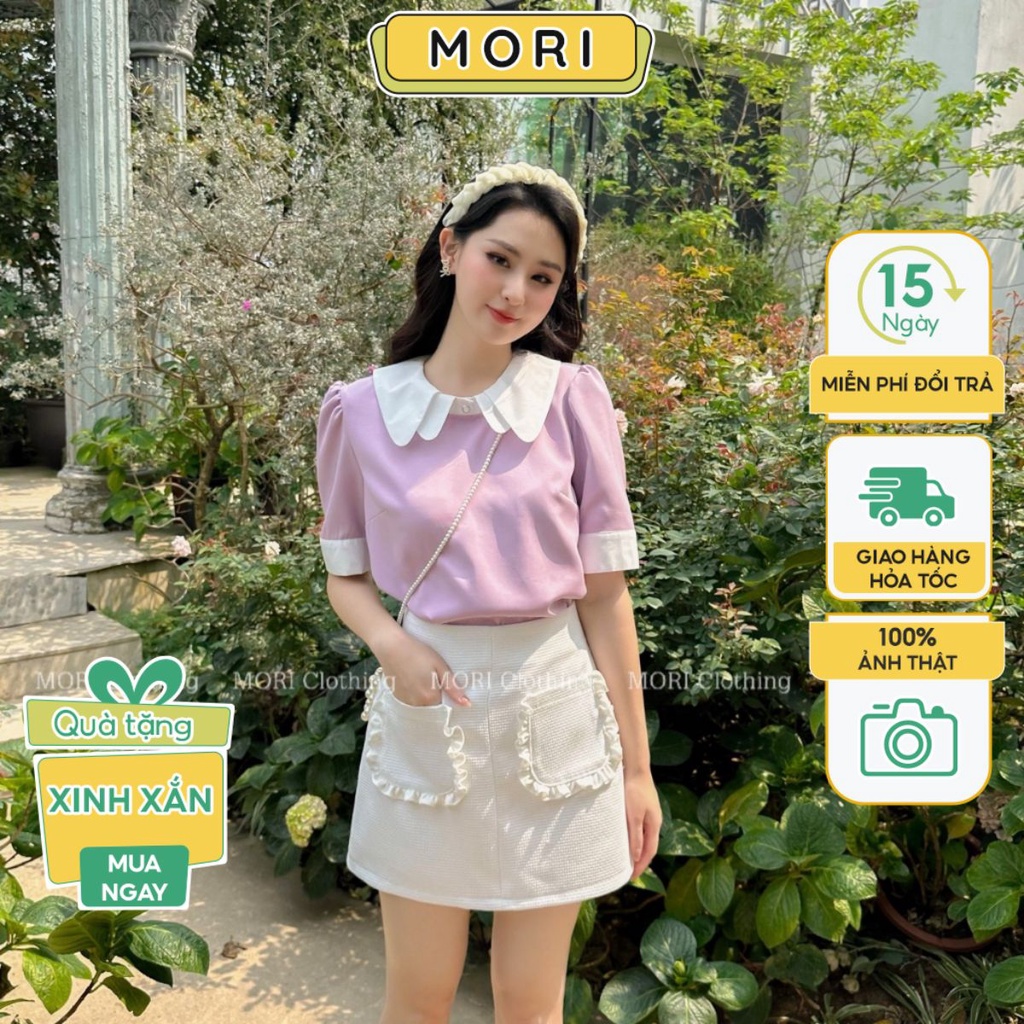 Áo sơ mi nữ tay ngắn cổ sen màu tím đi chơi đi làm chất thô nến phong cách tiểu thư thời trang A959 MORI CLOTHING
