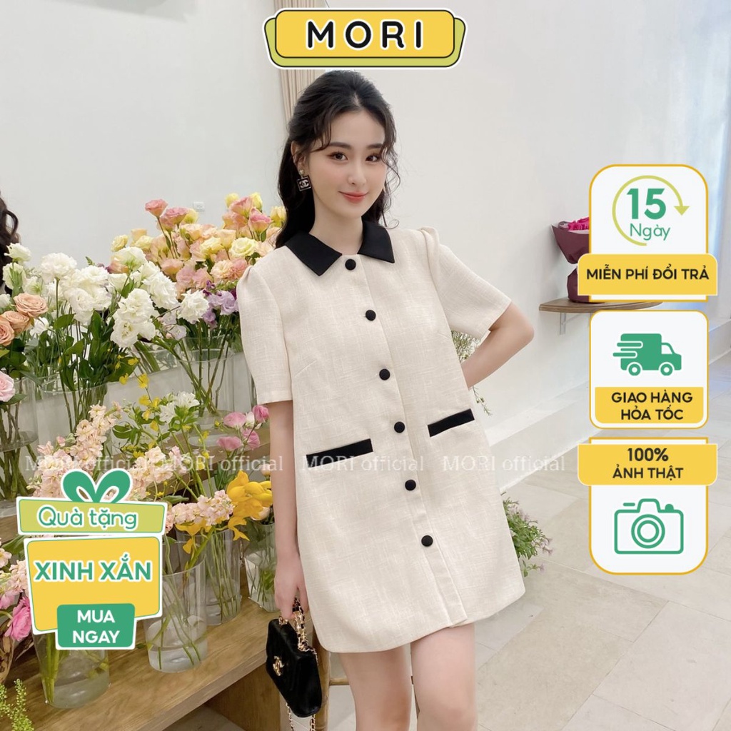 Đầm dạ nữ thiết kế dáng suông cổ bẻ tay ngắn phối cúc ngọc tiểu thư sang chảnh thời trang nữ thiết kế MORI CLOTHING V795