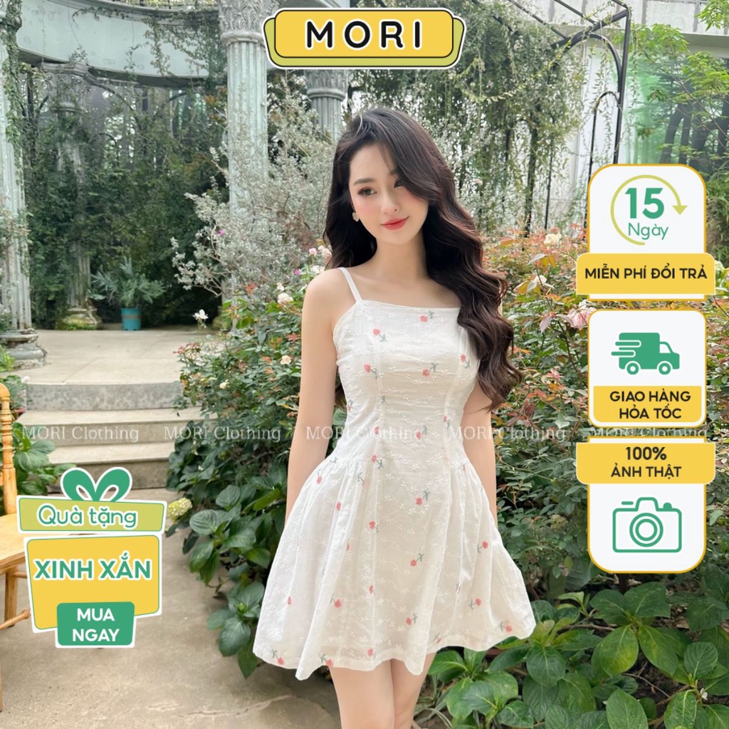 Đầm 2 dây hoa hồng váy nữ trắng dáng ngắn maxi đi biển chất đũi thô thêu nổi thời trang thiết kế MORI CLOTHING V721