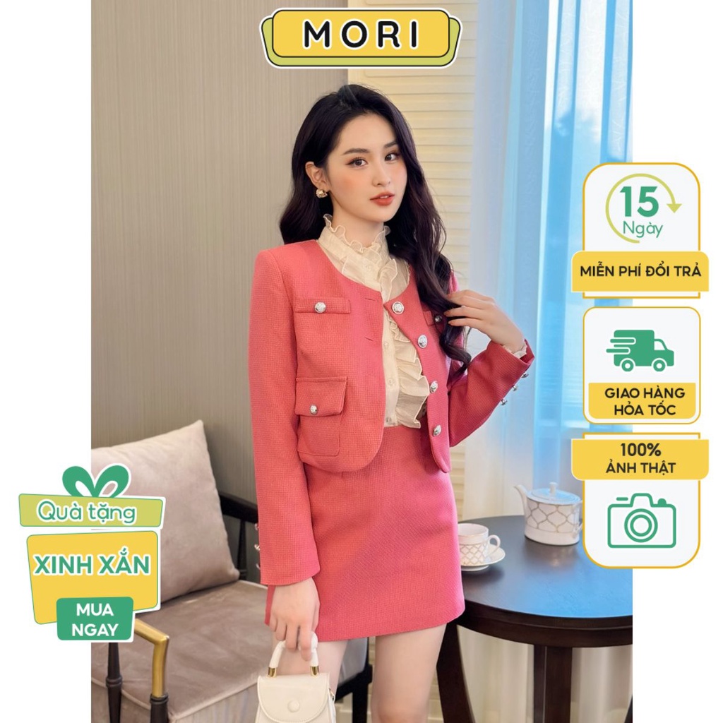Set đầm dạ text nữ hồng xanh áo khoác dạ cổ tròn phối cúc ngọc chân váy chữ A mặc đi chơi thời trang MORI CLOTHING ST01