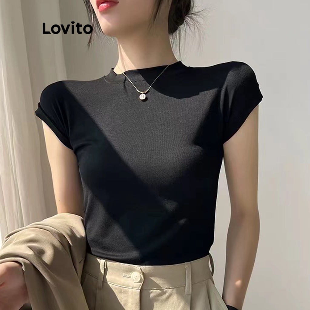 【Gợi ý từ KOL】Áo liền quần Lovito màu trơn cổ tròn thiết kế đơn giản phong cách thường ngày L18X149 (Màu đen)