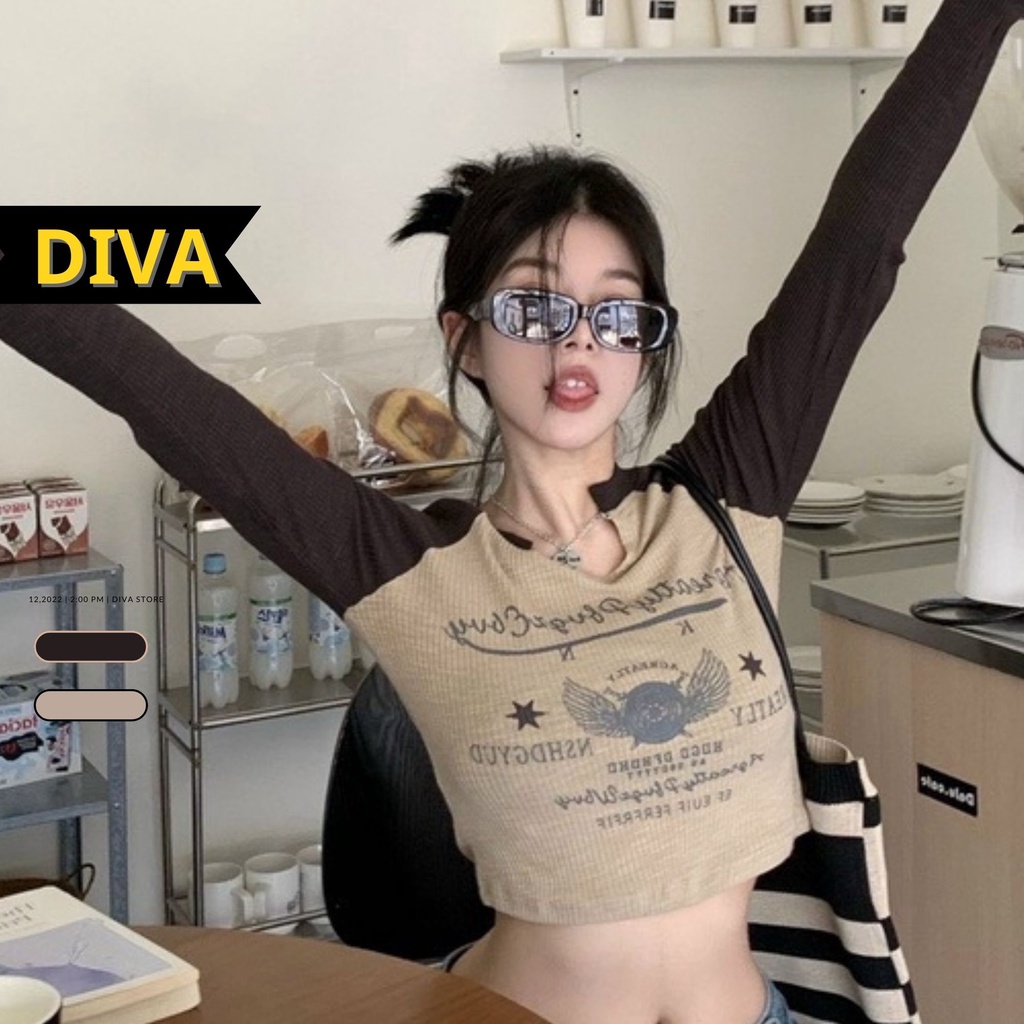 🛍️Áo kiểu crotop tay dài màu nâu cafe COLOMBIA chất thun gân DIVA AC43