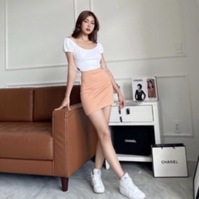 Pass Áo croptop nữ body trễ vai TOPTIFY cúp ngực khoen dây rút hai bên eo