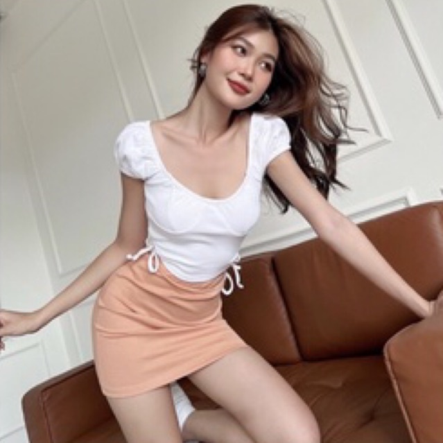 Pass Áo croptop nữ body trễ vai TOPTIFY cúp ngực khoen dây rút hai bên eo