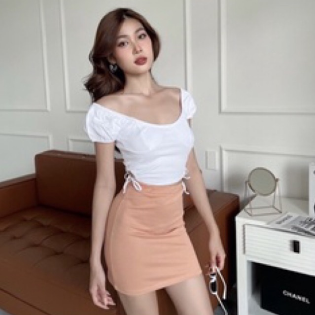 Pass Áo croptop nữ body trễ vai TOPTIFY cúp ngực khoen dây rút hai bên eo