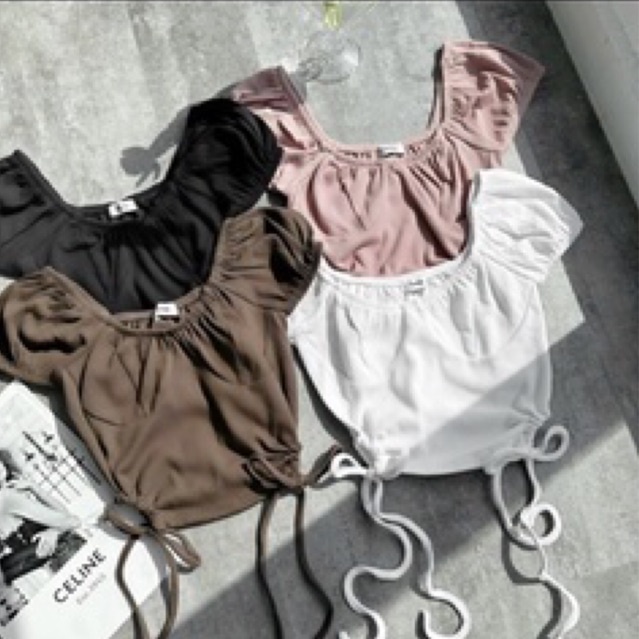 Pass Áo croptop nữ body trễ vai TOPTIFY cúp ngực khoen dây rút hai bên eo