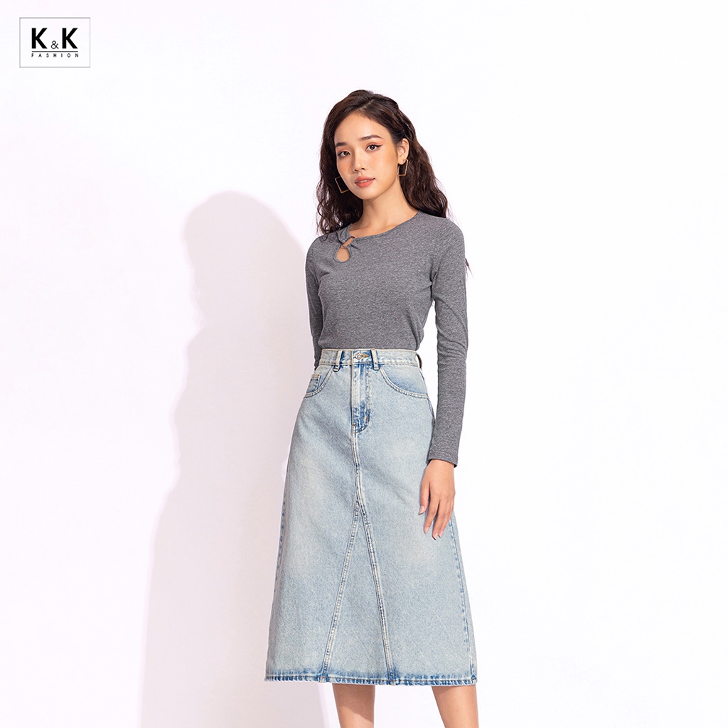 Áo Thun Xám Dài Tay Cổ Cut Out Cách Điệu K&K Fashion ASM12-21 Chất Liệu Thun Xám