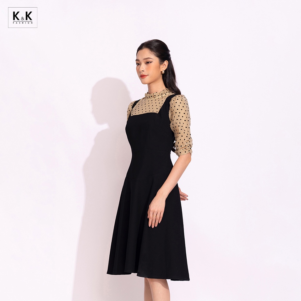 Đầm Xòe Đen Công Sở Phối Chấm Bi K&K Fashion KK150-09 Chất Liệu Thun Tuyết Phối Tơ Dập Gân