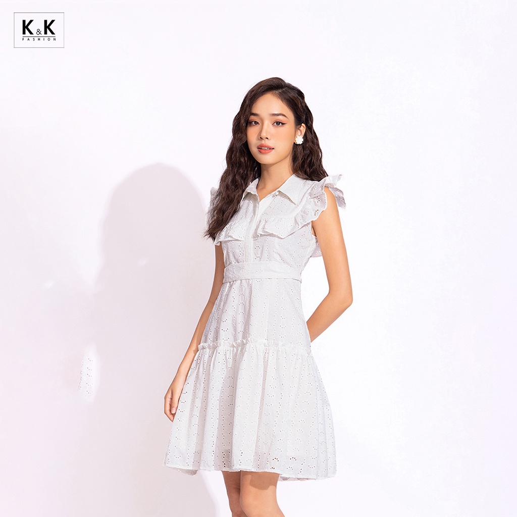 Đầm Trắng Xòe Phối Bèo Cổ Sơ Mi K&K Fashion HL23-40 Chất Liệu Ren Thêu