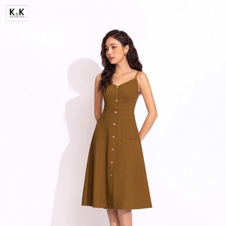 Đầm Xòe Nâu Hai Dây Phối Nút K&K Fashion HL24-07 Chất Liệu Carolan Gân