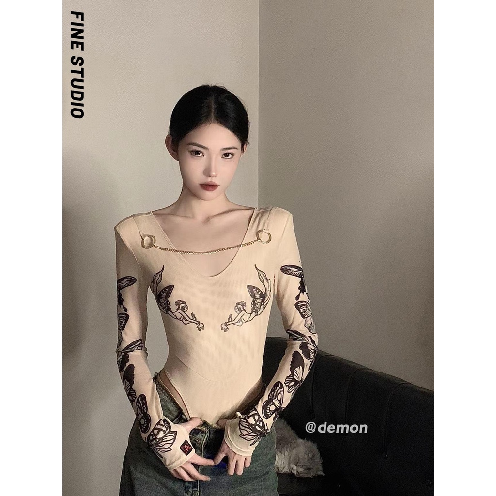 Fine Studio Hot Girl Chic Áo Thun Tay Dài Một Mảnh Nhẹ Nhàng Trong Suốt Phong Cách Mùa Xuân Mỹ Thiết Kế Mỏng Vừa Vặn Cho Nữ