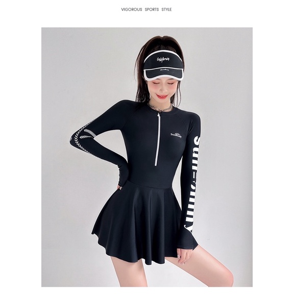 Hình thật- Bikini liền váy, tay dài trẻ trung năng động