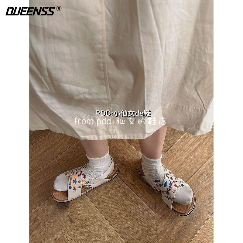 Giày Sandal Khóa Dán Thêu Tay Phong Cách Hàn Quốc Dành Cho Nữ