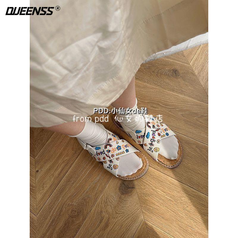 Giày Sandal Khóa Dán Thêu Tay Phong Cách Hàn Quốc Dành Cho Nữ