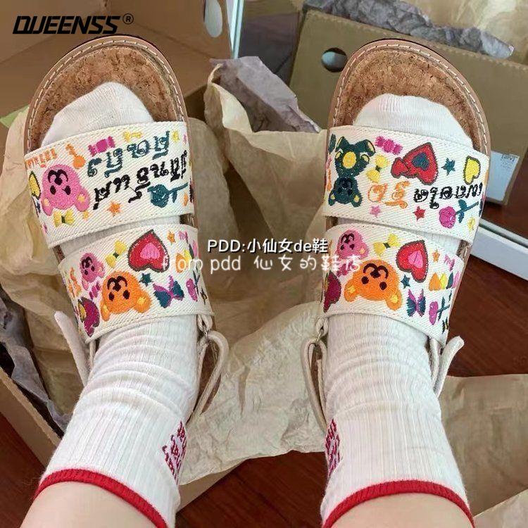 Giày Sandal Khóa Dán Thêu Tay Phong Cách Hàn Quốc Dành Cho Nữ