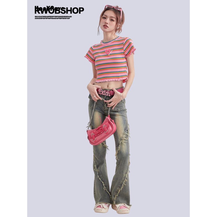 Honypove Quần Jeans Nữ Ống Loe Cột Dây Màu Gradient Phong Cách Mỹ Mới