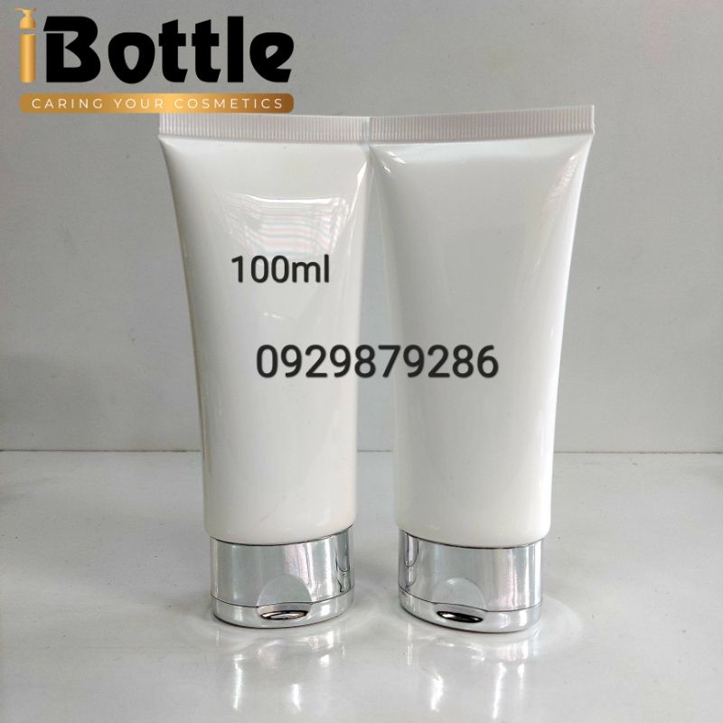 Chai lọ sang chiết mỹ phẩm -Tuýp trắng bóng nắp bật xi bạc 100g.