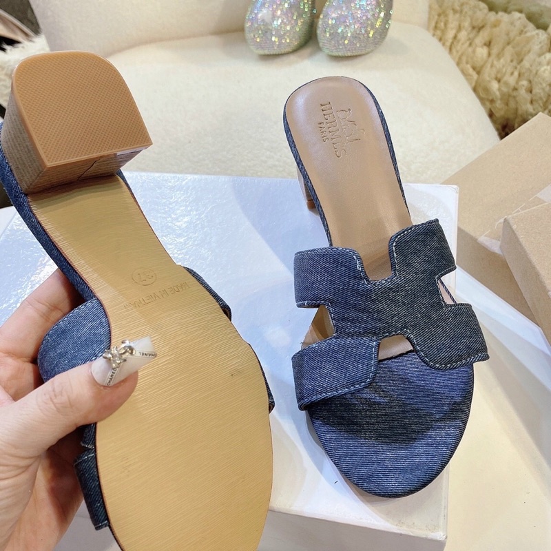 Guốc cao got vuông HM cao 5cm,quai da và vải jean xanh