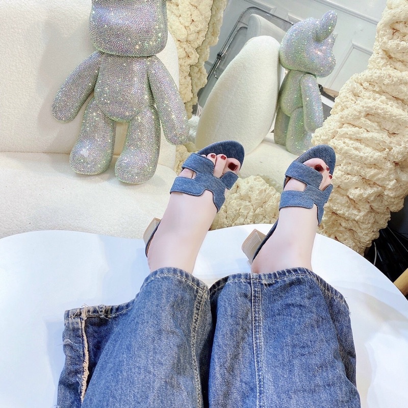 Guốc cao got vuông HM cao 5cm,quai da và vải jean xanh