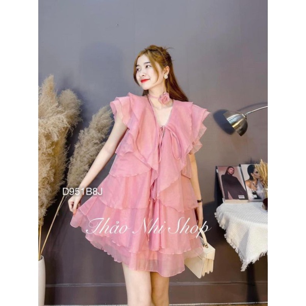 VÁY TƠ HỒNG BÈO TẦNG CỔ V ,VÁY BABYDOLL TƠ TẦNG DÁNG XOÈ RỘNG TIỂU THƯ SIÊU XINH