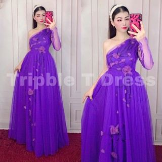 Đầm maxi lệch vai TRIPBLE T DRESS kết bông hoa nổi và cườm - size M/L -MS320V