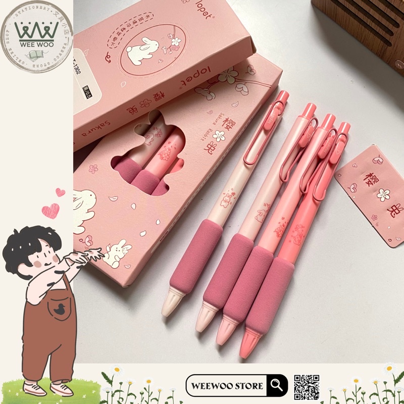 Bút gel đen Lopet Sakura Rabbit tone hồng cute ngòi kim 0.5mm - WeeWoo Store