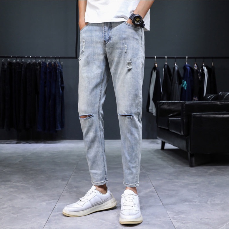 Quần Jeans Nam Xanh Trắng Rách Gối Chất Bò co giãn korea a256