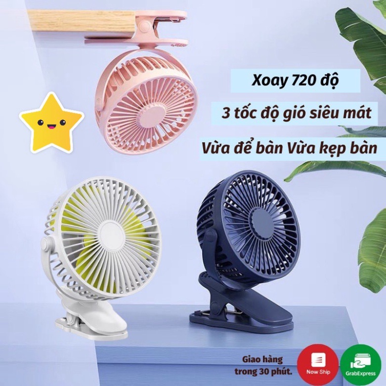 Quạt mini kẹp bàn, Quạt kẹp bàn xoay 360 độ Pin Tích Điện Chân Kẹp Bàn, Kẹp Xe Đẩy - pin sạc, 3 cấp độ cực mát