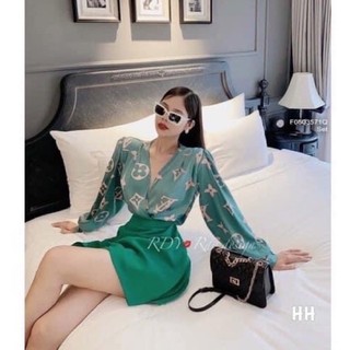 Sét Sơ Mi Lụa Độn Vai Hoạ Tiết & Chân Váy Siêu Sang