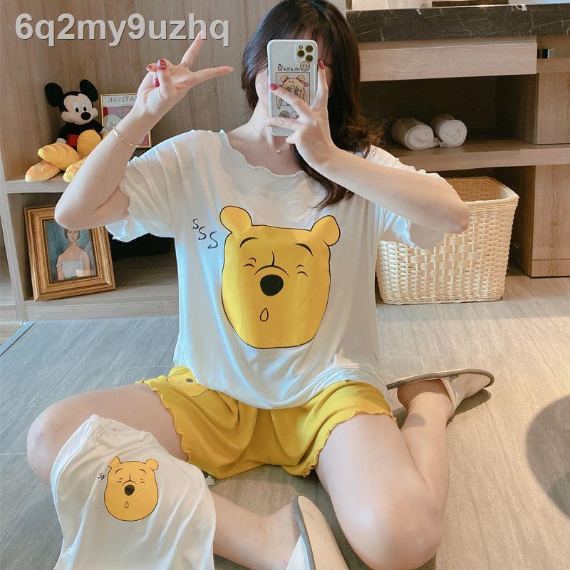 ✥✲✹Bộ đồ ngủ ngắn tay kiểu dáng mùa hè dành cho nữ winnie the bear dễ thương ngọt ngào phiên bản Hàn Quốc của