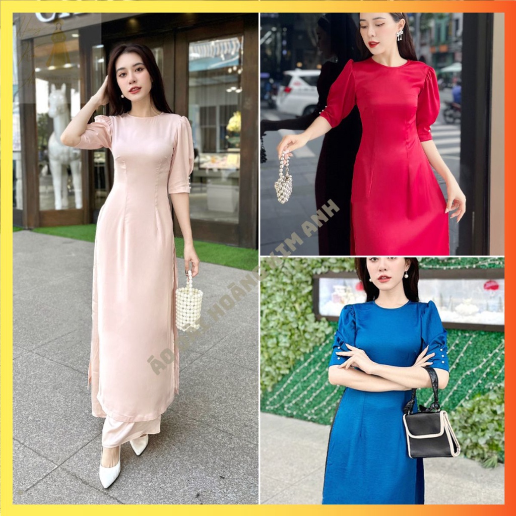 ÁO DÀI TRUYỀN THỐNG LỤA TRƠN 2 TÀ CÁCH TÂN THIẾT KẾ TAY BỒNG MAY SẴN CỔ TRÒN CO GIÃN MẶC LỄ TẾT BỐN MÙA ĐẸP MÀU ĐỎ, XANH