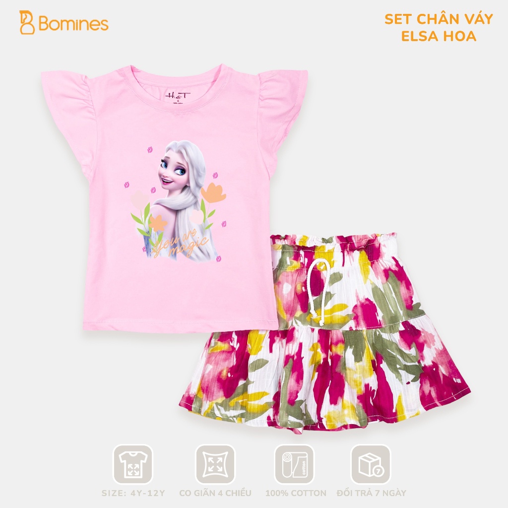 Váy cho bé gái Elsa BOMINES, Set bộ váy cotton hè mát mẻ chân váy có chip đùi cho bé 3y-12y từ 14-36kg SETCHANVAYELSAHOA
