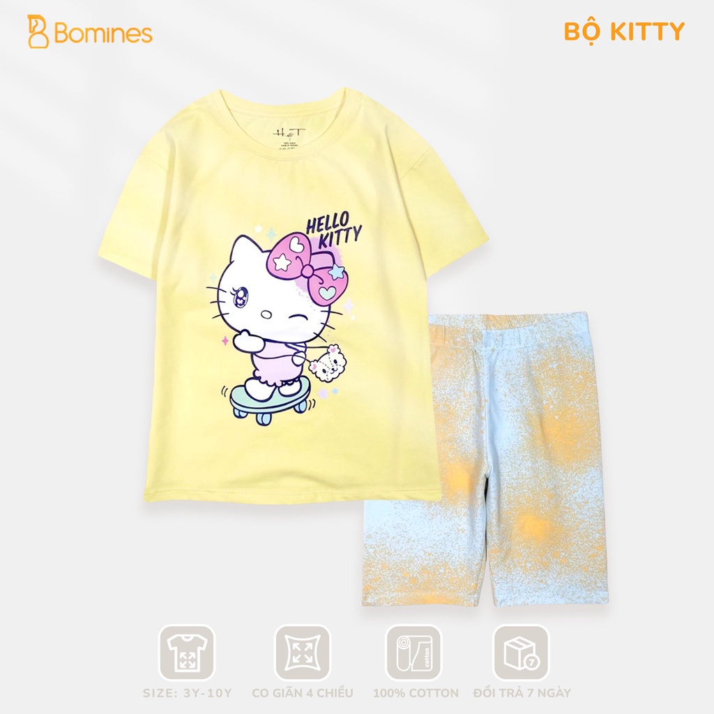 Đồ bộ bé gái Hello Kitty BOMINES, thun cotton tay ngắn mát mẻ cho bé 4-12 tuổi, 14- 36kg DBKITTYQUANLOANG