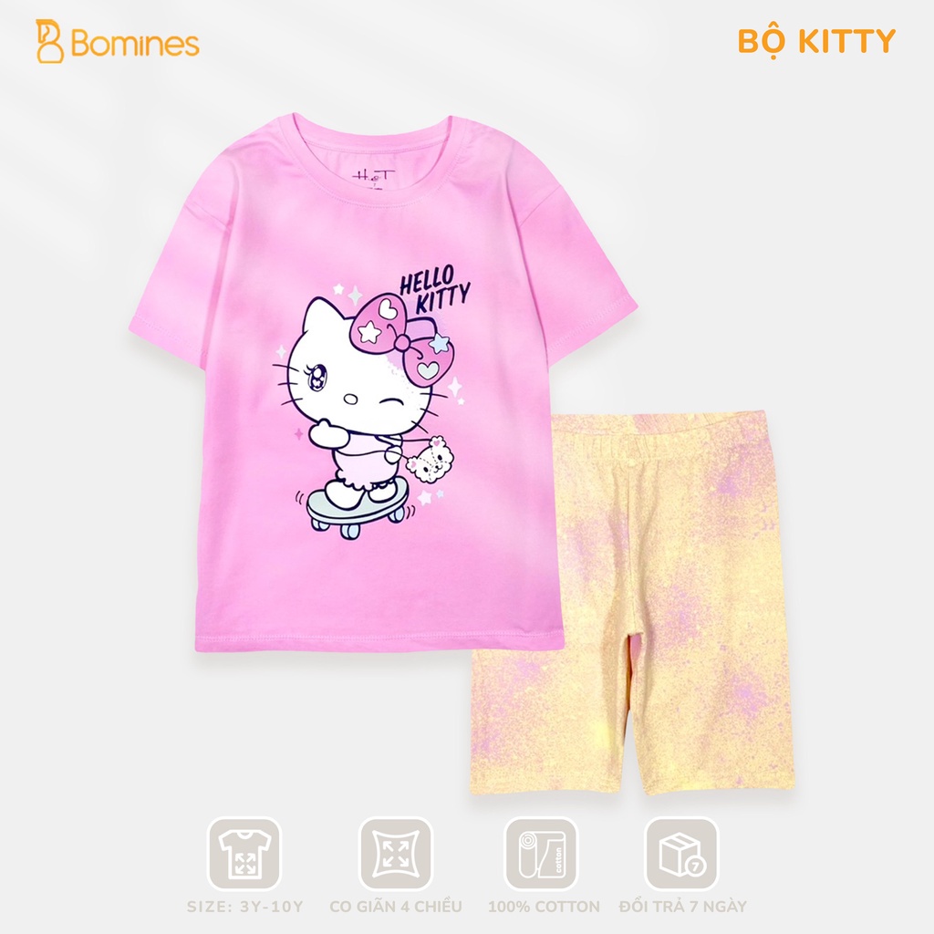 Đồ bộ bé gái Hello Kitty BOMINES, thun cotton tay ngắn mát mẻ cho bé 4-12 tuổi, 14- 36kg DBKITTYQUANLOANG