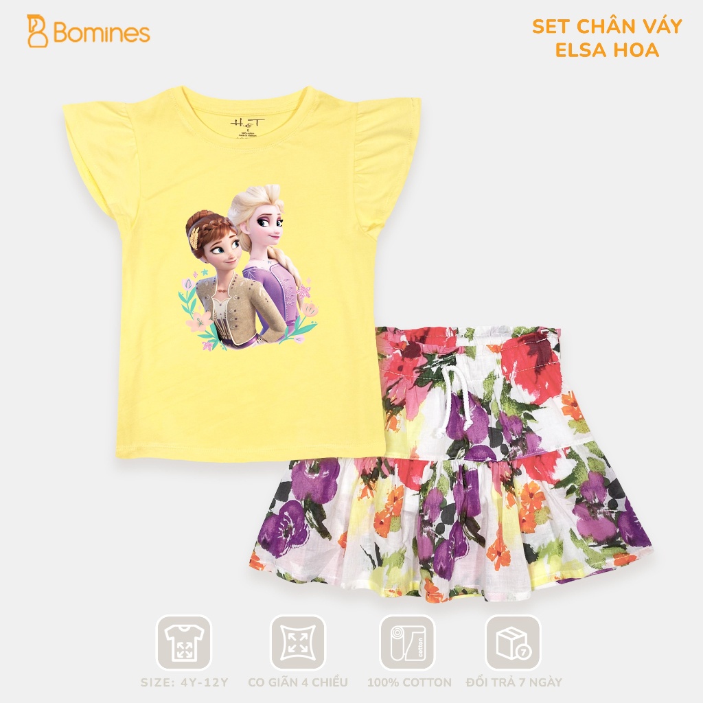 Váy cho bé gái Elsa BOMINES, Set bộ váy cotton hè mát mẻ chân váy có chip đùi cho bé 3y-12y từ 14-36kg SETCHANVAYELSAHOA