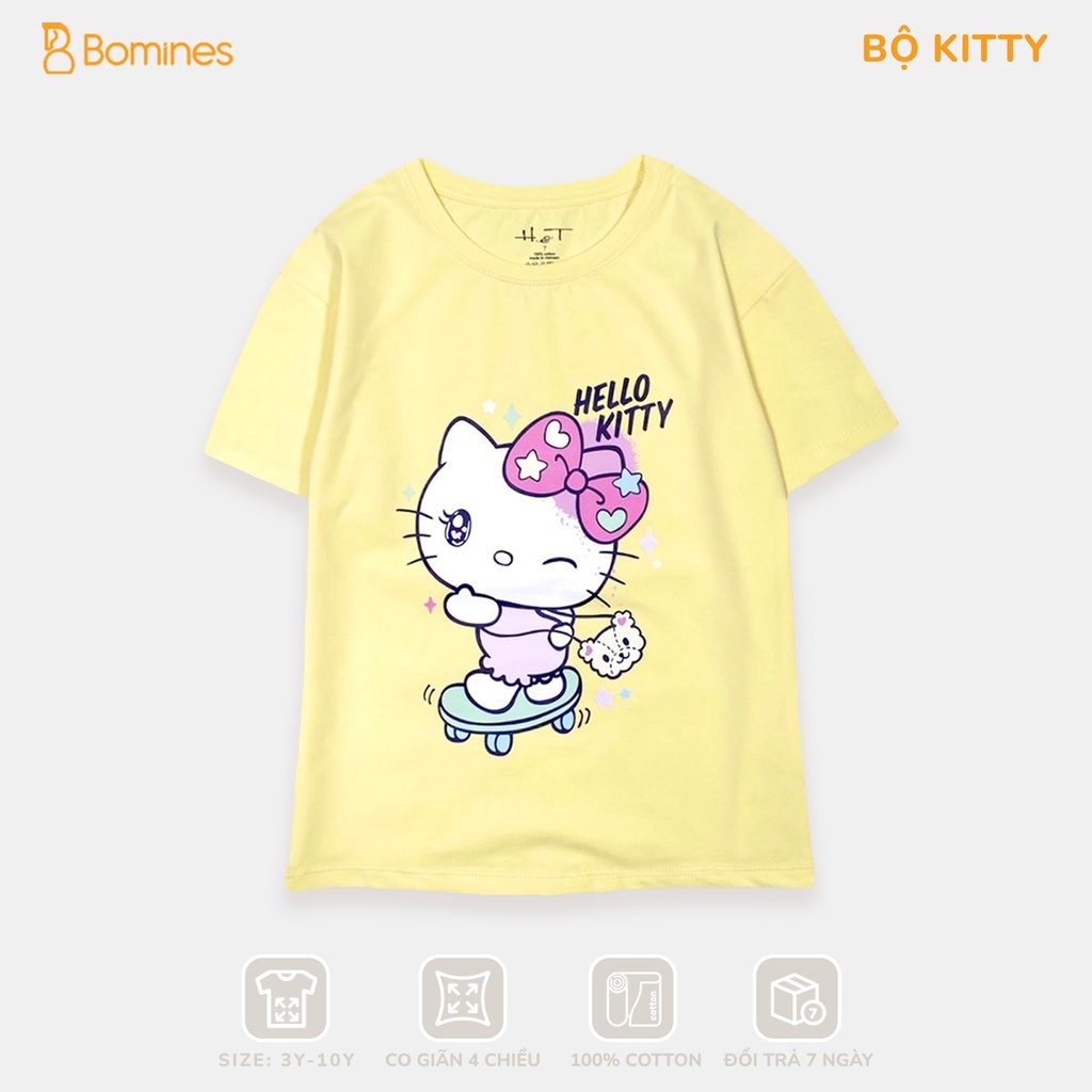 Đồ bộ bé gái Hello Kitty BOMINES, thun cotton tay ngắn mát mẻ cho bé 4-12 tuổi, 14- 36kg DBKITTYQUANLOANG
