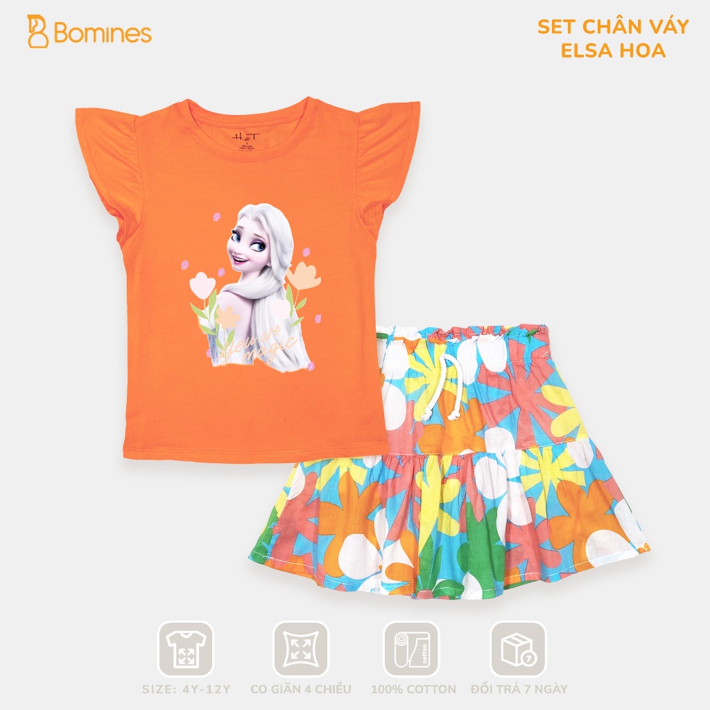 Váy cho bé gái Elsa BOMINES, Set bộ váy cotton hè mát mẻ chân váy có chip đùi cho bé 3y-12y từ 14-36kg SETCHANVAYELSAHOA