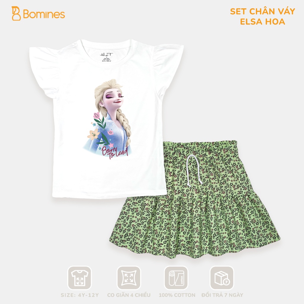 Váy cho bé gái Elsa BOMINES, Set bộ váy cotton hè mát mẻ chân váy có chip đùi cho bé 3y-12y từ 14-36kg SETCHANVAYELSAHOA