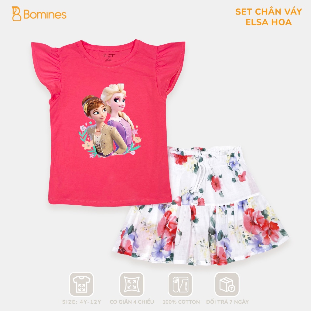 Váy cho bé gái Elsa BOMINES, Set bộ váy cotton hè mát mẻ chân váy có chip đùi cho bé 3y-12y từ 14-36kg SETCHANVAYELSAHOA