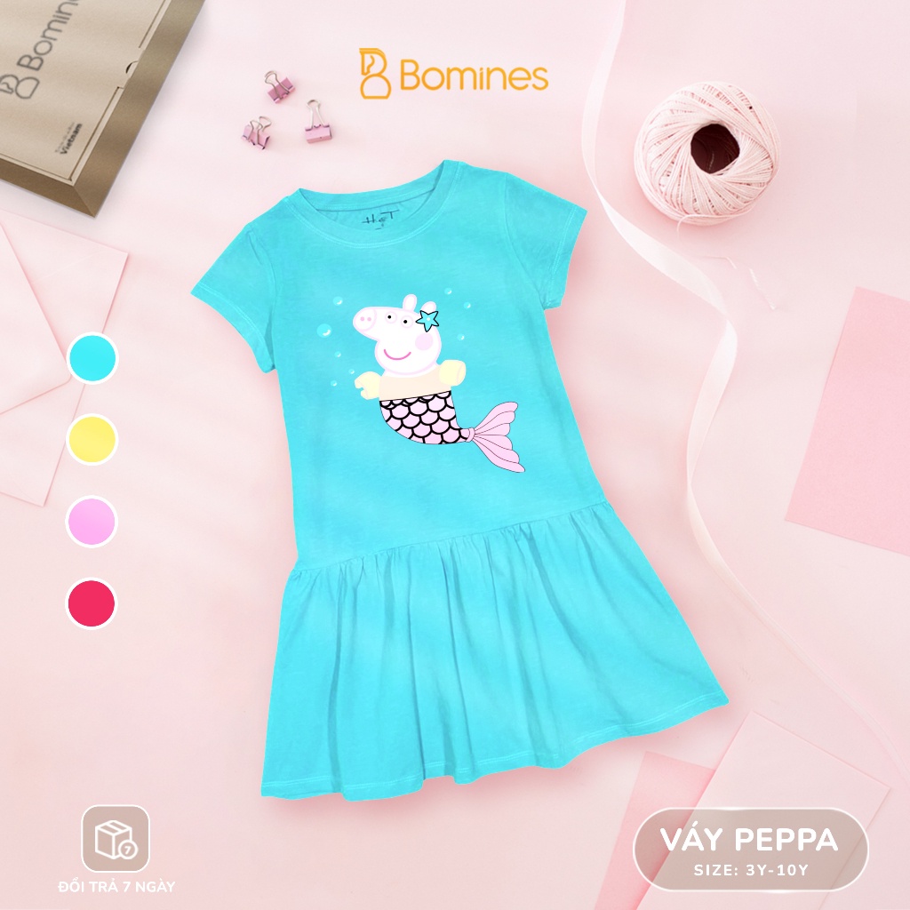 Váy bé gái BOMINES, họa tiết Heo Peppa đính nơ xinh xắn, tùng nhún dễ thương cho bé 3- 10 tuổi, 12- 30kg DTNPEPPACHAMME
