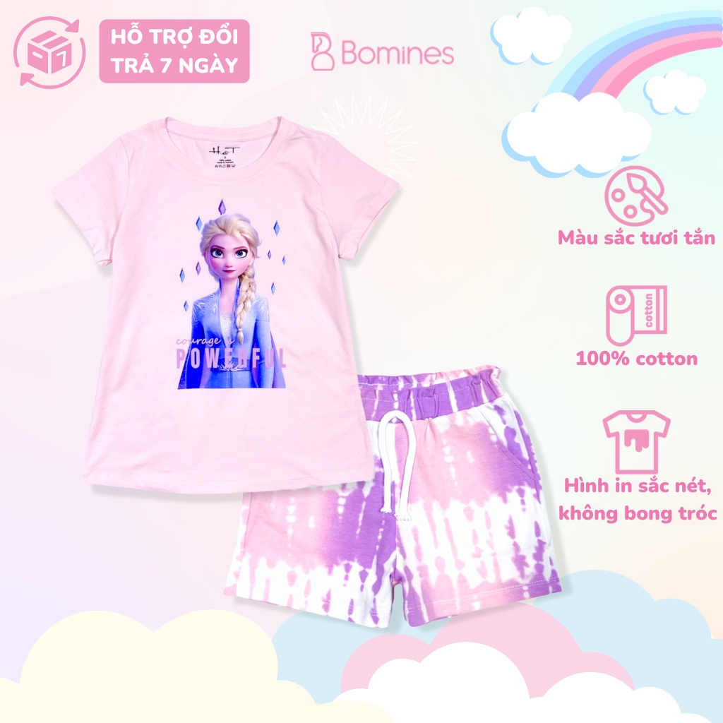 Đồ bộ bé gái hình công chúa Elsa BOMINES, quần ngắn, thun cotton loang màu cho bé 3-10 tuổi, 12- 30kg DBSBGELSAQUANLOANG