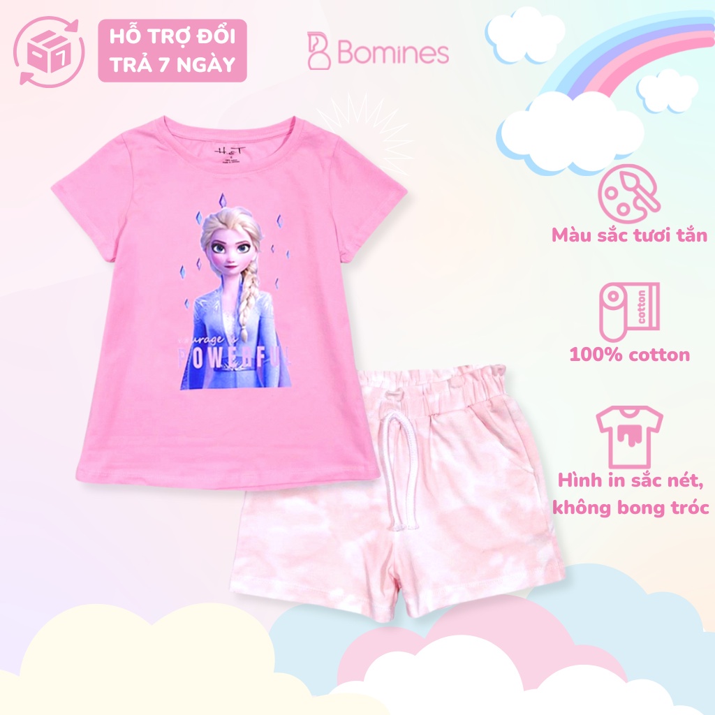 Đồ bộ bé gái hình công chúa Elsa BOMINES, quần ngắn, thun cotton loang màu cho bé 3-10 tuổi, 12- 30kg DBSBGELSAQUANLOANG