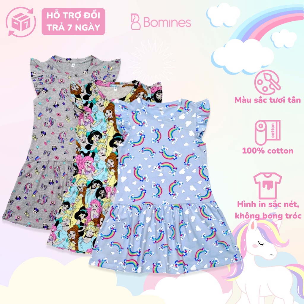 Váy bé gái BOMINES, họa tiết công chúa dễ thương, tùng nhún xinh cho bé 3- 10 tuổi, 12- 30kg DTNINTHAM