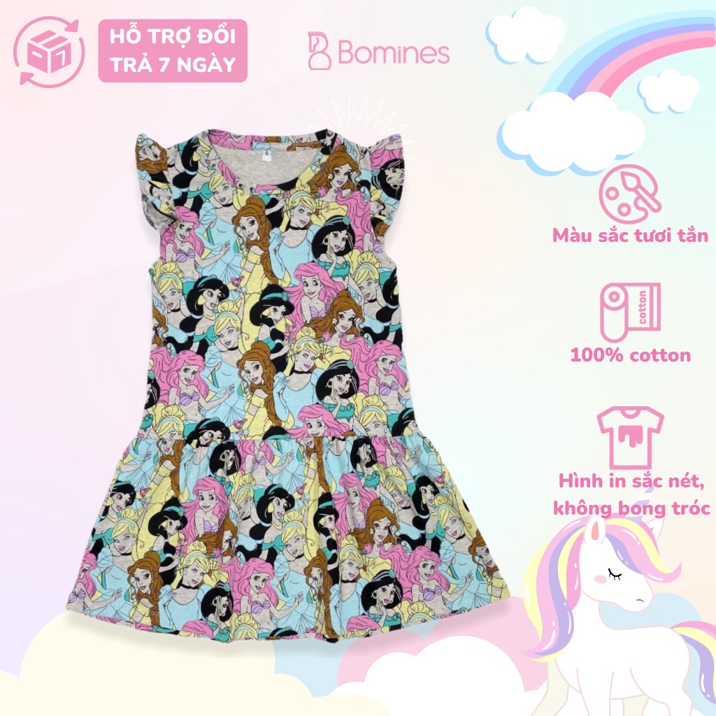 Váy bé gái BOMINES, họa tiết công chúa dễ thương, tùng nhún xinh cho bé 3- 10 tuổi, 12- 30kg DTNINTHAM